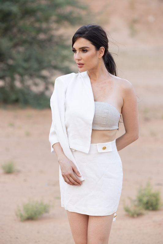 Lniana spódniczka z zakładkami z guzikami "Blanc de la nuit"